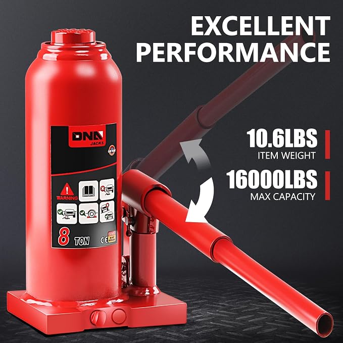 8 Ton / 16000 lbs Lifting Automotive Welded Hydraulic Bottle Jack for Car SUV Pickup Truck, Auto Repair, with Manual Handle & Carrying Storage Case, Red