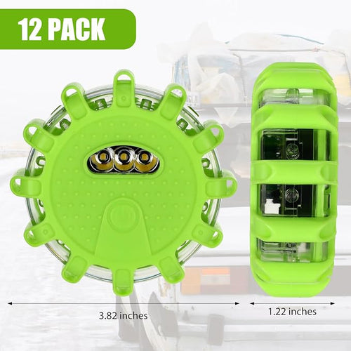 12 Pack LED Road Flares Emergency Lights Roadside 9 Flash Modes Warning Car Safety Beacon Magnet Hook Flashing Disc Flare Kit for Vehicles Car Truck Boats Holiday Gift(Green)