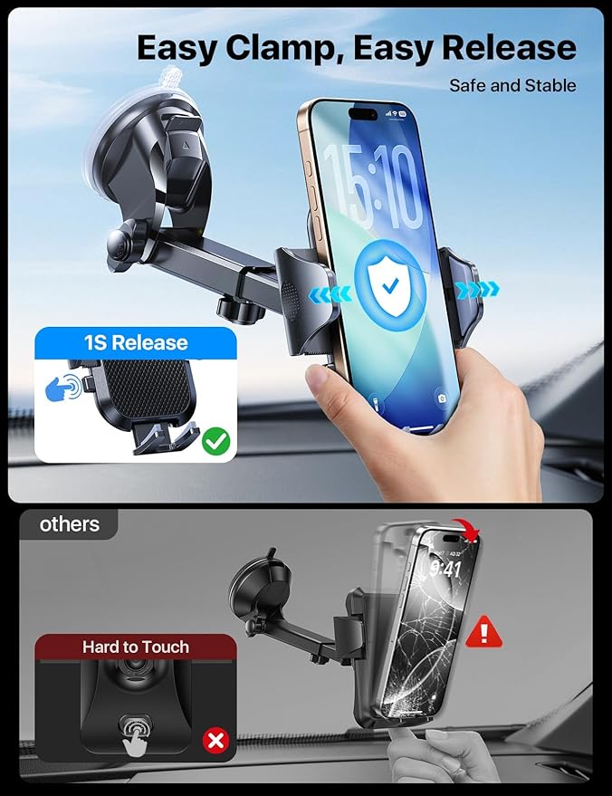 Car Phone Holder Mount (Strong Suction&Bumpy Road Stable) Phone Holders for Your Car, Cell Phone Car Mount for Windshield Dash Vent Truck Cradle Stand for iPhone 17 16 15 14 Pro Max Grey
