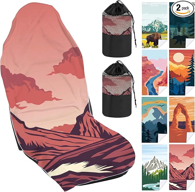 Car Seat Towel Covers with Storage Bag, 63 x 32 Inch Universal Non Slip Waterproof Sweat Protector for Car Truck, Gym Swimming Running, Machine Washable(2 Pack,Death Valley National Park)