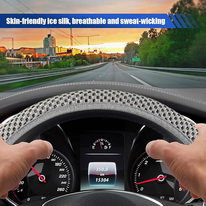Elastic Stretch Steering Wheel Cover, 15" Breathable Microfiber Ice Silk Steering Wheel Protector, Universal Anti-Slip Car Warm in Winter&Cool in Summer Accessories for Men Women (Gray)