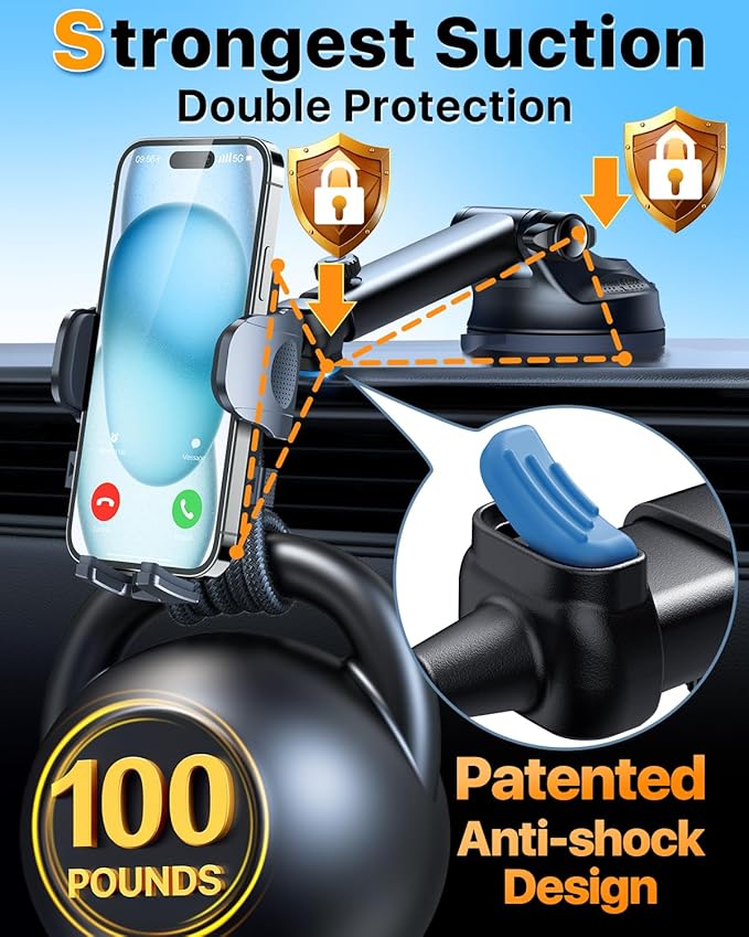 HTU 2026 Ultimate Best【True Military-Grade & Safety Cert】Car Phone Holder【Upgraded 360 Rotation & 100+LBS Strongest Suction】5-in-1 Truck Windshield Dashboard Vent Mount Stand for iPhone Android, Pink