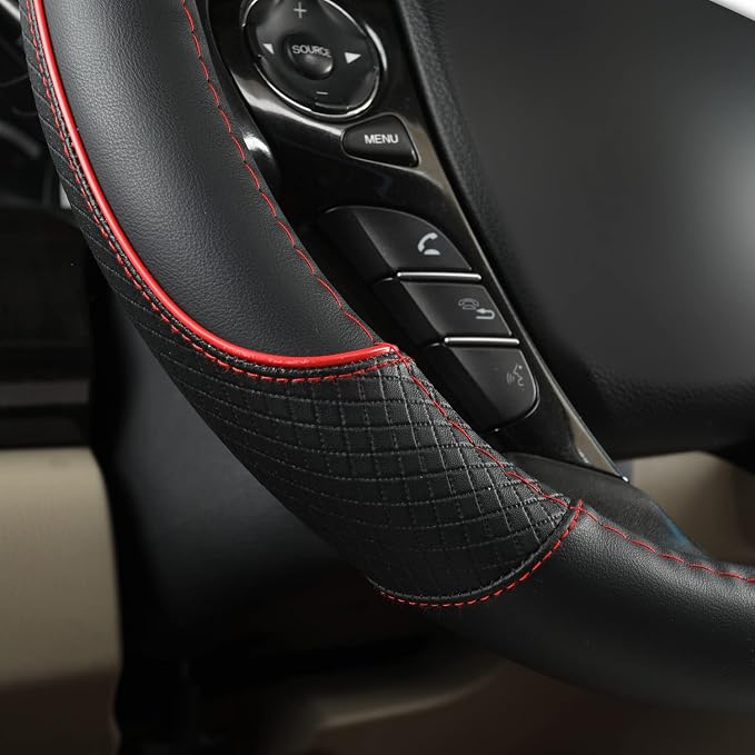 Microfiber Leather Steering Wheel Cover for Honda Accord,Civic,CR-V,HR-V,Pilot(Diamond-Pattern-Black+Red Line-Standard Size)
