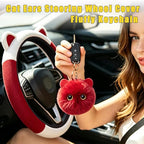 Steering Wheel Cover with Ears Keychain Fit 14-15 inch White Red | Cute Ears Car Steering Wheel Covers for Women Girls Elastic Breathable Steering Wheel Protector Accessories Universal Size
