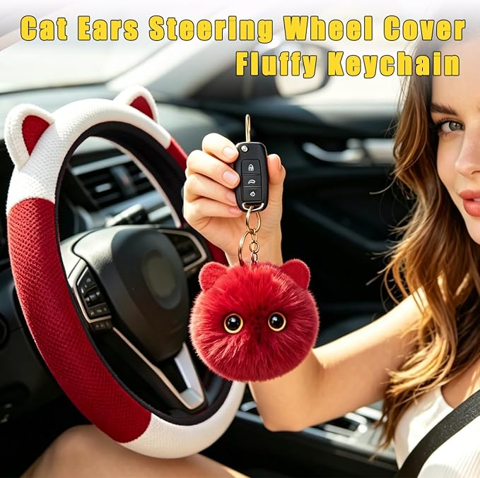 Steering Wheel Cover with Ears Keychain Fit 14-15 inch White Red | Cute Ears Car Steering Wheel Covers for Women Girls Elastic Breathable Steering Wheel Protector Accessories Universal Size