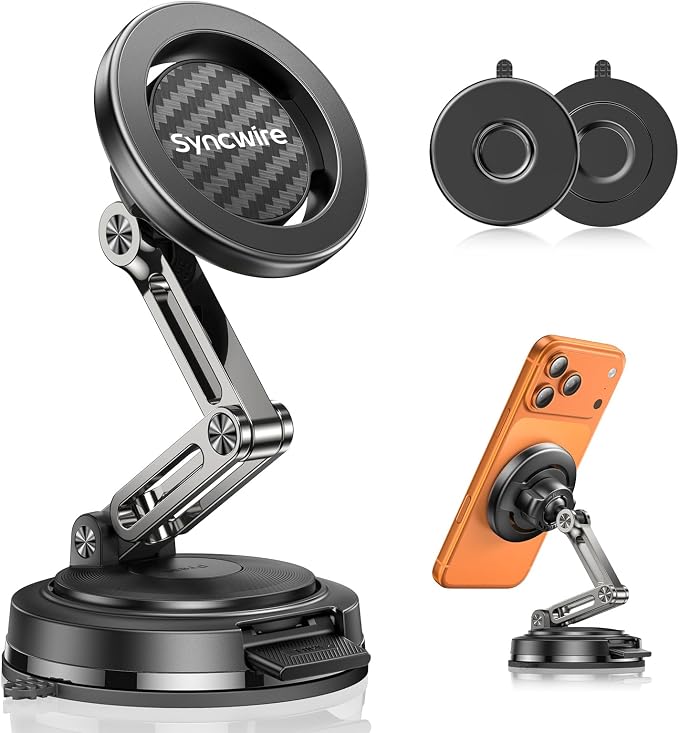 for MagSafe Car Mount, [3-Axis Adjustable] Vacuum Magnetic Phone Holder, Replaceable Suction Cup (Dashboard/Windshield), 360° Rotation, Foldable, for iPhone 17-12 Pro/Max/Plus, Carbon-Fiber