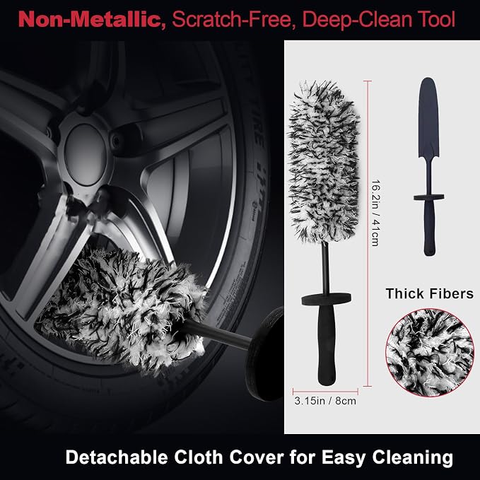 4PCS Wheel Detailing Kit Metal-Free Dual Hardness Towel Care Gift | Scratch-safe metal-free rim brush, dual tire brushes, lint towel, compact portable, brake dust cleaner, DIY & shop gift