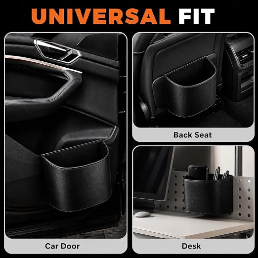 Leather Car Trash Can – Leakproof & Easy-to-Clean Car Garbage Can for Luxury Cars, SUVs & Trucks | Includes 60 Custom Liners, Secure Hook, Easy Install, Black