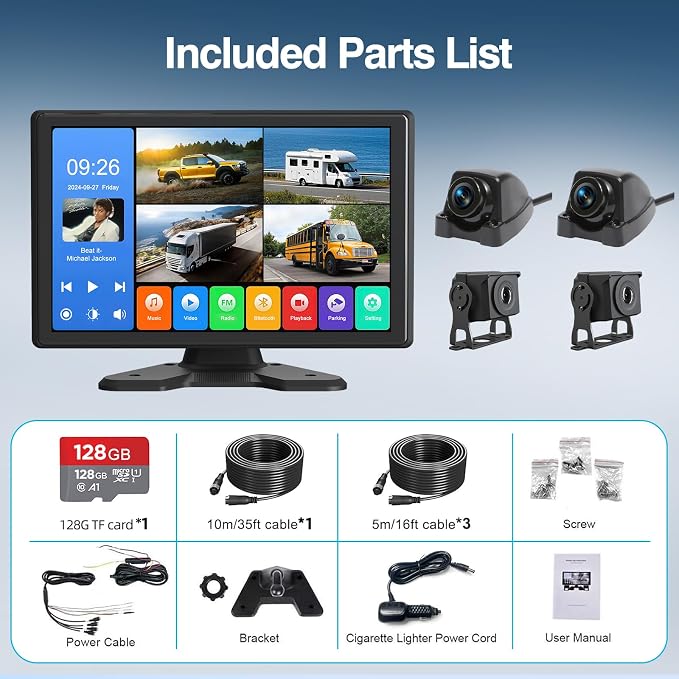 4 Channel Backup Camera System,Touchable 10.1 inch Monitor with DVR Loop Recording, IP69 Waterproof, Nightvision 1080P Camera for RV/Truck/Trailer Pickup, Wired (Cigarette Charger &128G)