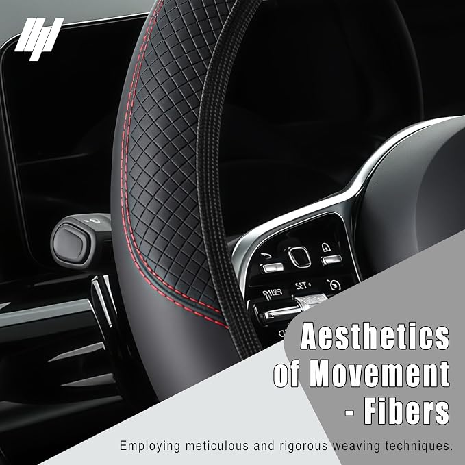 Leather Car Steering Wheel Cover, 15 Inch Anti-Slip Carbon Fiber Black Steering Wheel Cover, Universal Car Interior Accessories for Trucks Sedans SUVs (Black)