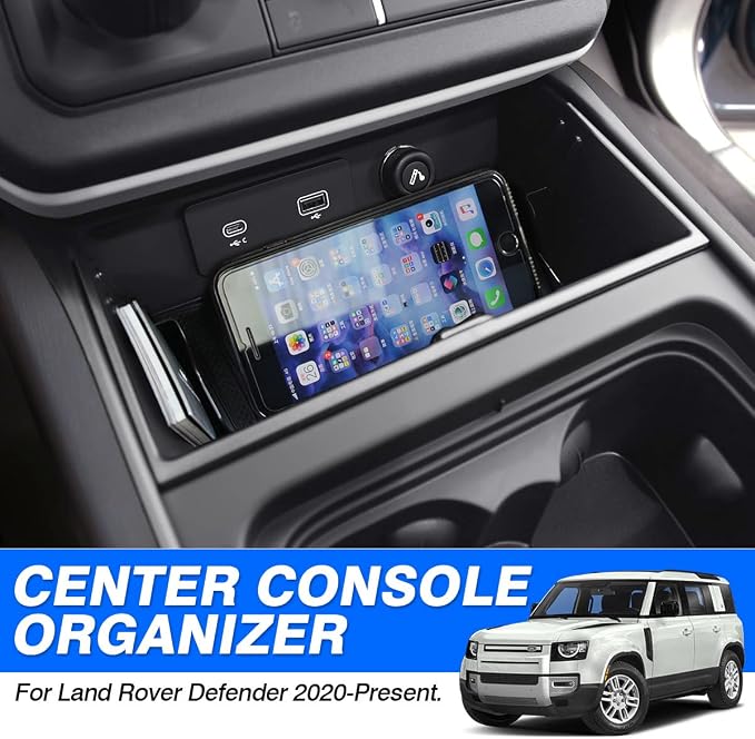 Center Console Organizer Tray for Land Rover Defender Accessories 90 110 130 2020-2025 2026, Durable ABS Middle Console Organizer Central Storage Box with Non-Slip Mat