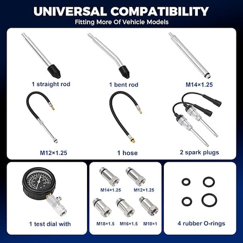 13PCS Compression Tester Kit, 0-300 PSI Triple-Scale Gauge with Fluorescent Dial, 5 Metal Adapters M10-M18 & 2 Spark Plug Testers, for Gasoline Engines Cars Trucks ATV Small Engines