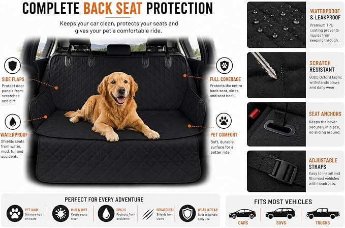 Dog Car Seat Cover for Back Seat - 100% Waterproof Hammock with Side Flaps, Non-Slip Pet Seat Protector, Scratch Resistant Heavy Duty Oxford Fabric, Fits Cars, Trucks & SUVs