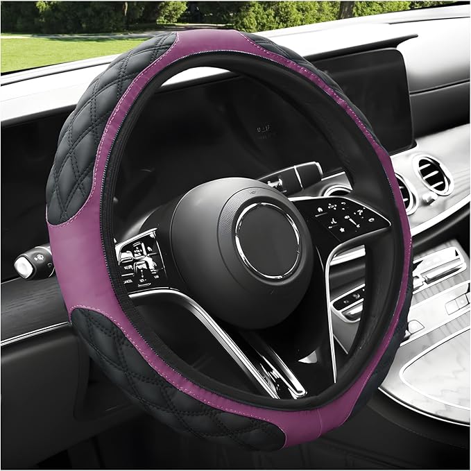 Car Steering Wheel Cover, 15-Inch Non-Slip Leather Steering Wheel Protector, Universal Soft Cover Mat For Car Truck SUV, Interior Car Accessories (Purple)
