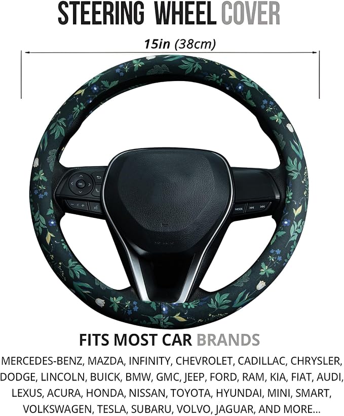 Boho Floral Steering Wheel Cover Auto Steering Wheel Protector, Anti-Slip, Breathable, Absorbing Sweat, Universal Floral Car Accessories 14.5–15 inch,Fit for Most Car, Trucks, SUV