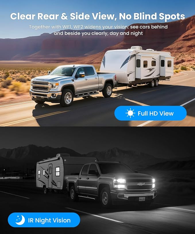 RV Backup Camera Wireless System: Left/Right Side Cameras | Adjustable Angle IR Night Vision, IP69K Waterproof, Works Only with WF1, for Class A/B/C Motorhome, 5th Wheel, Travel Trailer