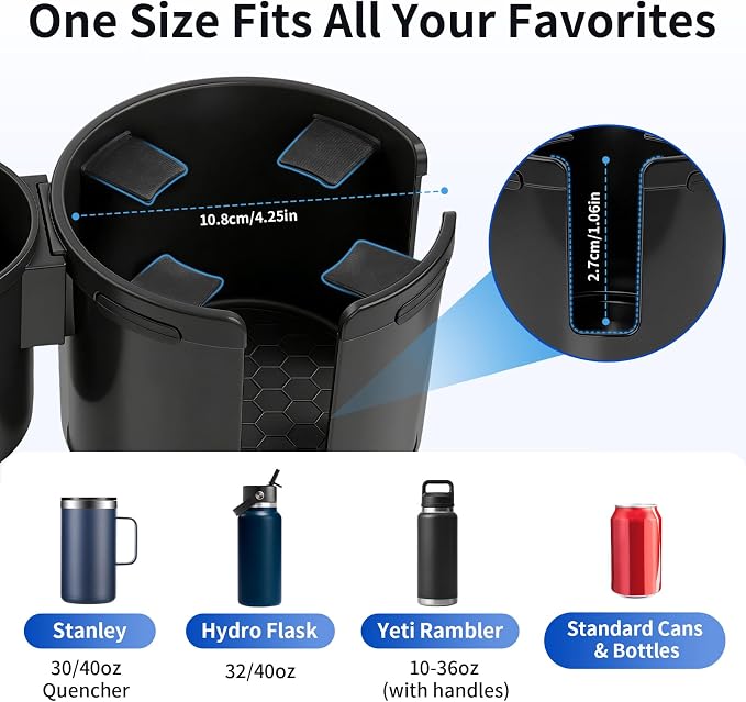 Car Cup Holder Expander W/Offset Adapter, 2-in-1 Cup Holder Extender for Large Bottles up to 4.3", Adjustable Base Fits Stanley, Hydro Flask, Yeti, Universal Car Cup Holder for Most Vehicles