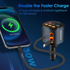 Retractable Car Charger,5 in 1 Fast Car Phone Charger 90W,Bluetooth 5.3 FM Transmitter Adapter,Handsfree Call,2 Retractable USB-C Cables and USB Cars Chargers for iPhone 16/15/14/13/12/11,Galaxy,Pixel
