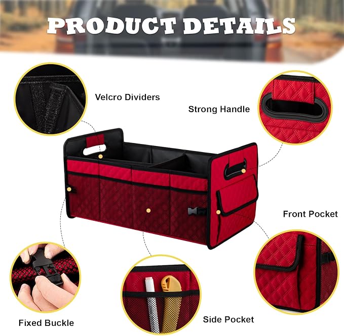 Car Trunk Organizers and Storage for SUV, Collapsible Multi Compartment Container Box Adjustable Car Accessories for Women Men, Red