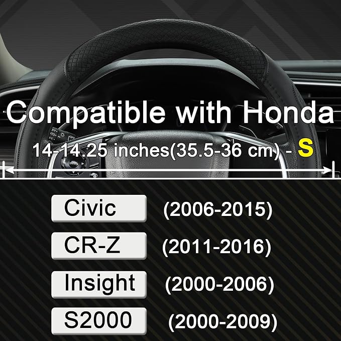 Customized Auto Car Steering Wheel Cover for Honda Civic, CR-Z, Insight, S2000,14-14.25inch(Black-Small Size)