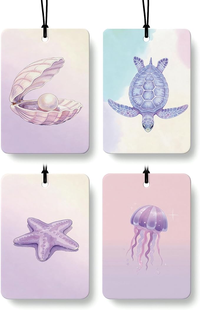 Purple Beach Car Air Freshener 4 Pcs Coconut Scented, Ocean Shell Turtle Starfish Jellyfish Car Accessories Mirror Decor for Women, Beachy Hanging Air Freshener for Cars Closet Drawer Books