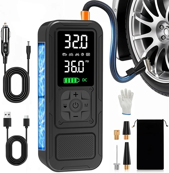 Y34 Tire Inflator Portable Air Compressor,4X Faster Inflation,10000mAh Cordless/12V DC 150PSI Air Pump for Car Tires with Digital Pressure Gauge/LED Light for Car,Motorcycle,Bike,Ball