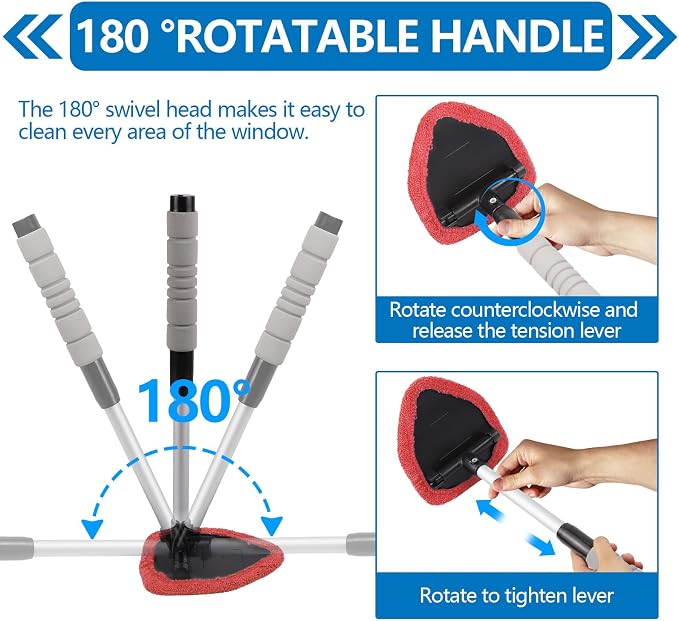 Car Windshield Cleaning Tool, Car Windshield Window Cleaner, Auto Window Glass Cleaning Kit with Extendable Handle & Reusable Microfiber Pad & Spray Bottle, Universal Car Accessories (Red)