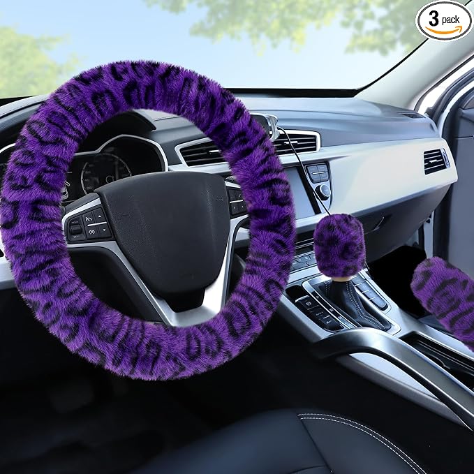 Fuzzy Car Steering Wheel Cover, Universal Fit Fur Car Wheel Cover & Handbrake Cover & Gear Shift Cover Set, Fluffy Fashion Leopard Print Auto Steering Wheel Protector for Women Girls(Purple)