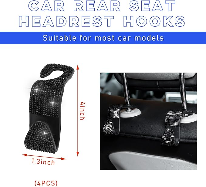 4 PCS Bling Car Seat Headrest Hooks, Crystal Rhinestone Back Seat Hanging Storage Organizer, Vehicle Seat Hanger Holder for Purse Handbag Coat, Interior Car Accessories (Black)