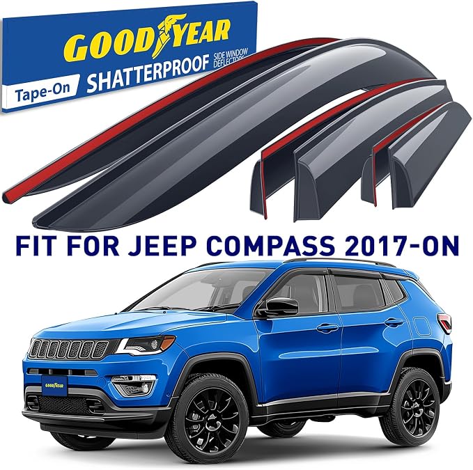 Goodyear Shatterproof Window Deflectors for Jeep Compass 2017-2026, Tape-on Rain Guards, Window Visors, Vent Deflector Visor, Car Accessories,6 pcs. - GY008945