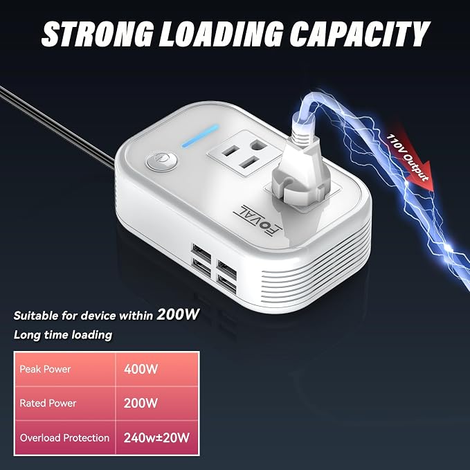 200W Car Power Inverter, 12V DC to 110V AC Car Inverte with 4 USB Ports Car Outlet Adapter, Power Inverter for Vehicles, Car Plug Adapter Outlet for Laptop Computer Charger (White)