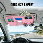 Car Sun Visor Organizer, Truck Visor Organizer, Leather Multi-Pocket Auto Visor Storage Pocket Pouch Holder with Zipper, Auto Accessories Storage Bag for Driving License Card Pen (Pink)