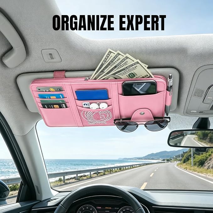 Car Sun Visor Organizer, Truck Visor Organizer, Leather Multi-Pocket Auto Visor Storage Pocket Pouch Holder with Zipper, Auto Accessories Storage Bag for Driving License Card Pen (Pink)