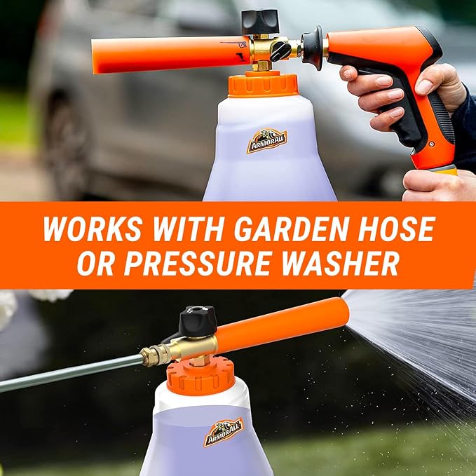 2-in-1 Foam Cannon Kit for Garden Hoses and Power Washers | 3-piece car washing kit with 40-ounce reservoir, marked fill lines, and compatibility with 500 to 3,500 PSI units