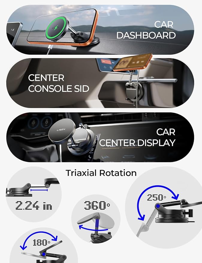 for 15W Magsafe Car Mount Charger, Magnetic Phone Holders for Your Car, Magnetic Wireless Car Charger, Suction Phone Mount for Car Accessories, Car Mount for iPhone 17 Pro Max 16 15 14 13 12 | [Lever Lock & Easiest Mount] Magsafe Car Mount Charge...