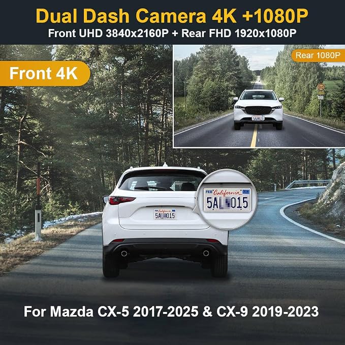 Front 4K+Rear 1080P Dash Cam Adapts for Mazda CX-5 2017-2025 & CX-9 2017-2023 (NO Sunroof/Connect toFuse Box), OEM Look, Dual HD Video, WiFi & APP, Loop Recording, Parking Mode, 128GB Card
