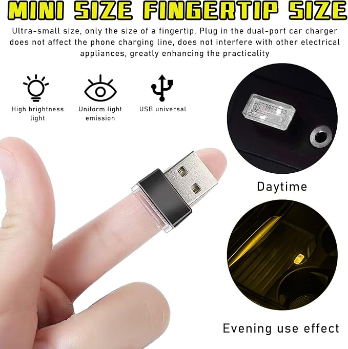 4 PCS USB LED Car Interior Atmosphere Lamp, Plug-in USB Decor Night Light, Portable Auto Ambient Lighting Kit, Universal Vehicle Interior Accessories for Most Cars (Yellow)