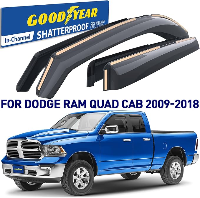 Goodyear Shatterproof in-Channel Window Deflectors for Trucks Dodge RAM 1500 2009-2018 Quad Cab, Rain Guards, Window Visors for Cars, Vent Deflector, Truck Accessories, 4 pcs- GY003421LPf