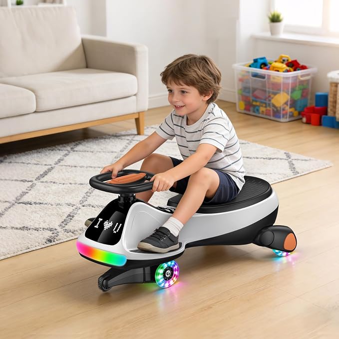 12V Electric Wiggle Car for Kids with Pedal, Display, Rechargeable Battery, LED Light, Bluetooth, Light-Up Wheels, Anti-Rollover, 2 Speeds, Ride on Toys, Birthday Gifts for Age 3+, 150Lbs