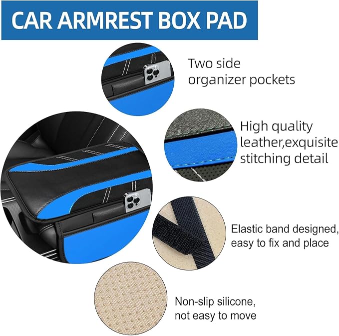 6 Pcs Blue Car Accessories Set, Sport Leather Steering Wheel Cover 14.5-15inch Universal, Microfiber Leather Car Center Console Cover, Seat Belt Cushion, Cup Holder Coaster (Black-Blue)
