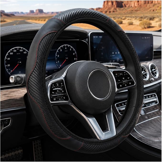 Car Steering Wheel Cover 15 inch, Microfiber PU Leather Elastic Steering Wheel Protector, Anti-Slip Breathable Car Interior Accessories for Most Cars (Black)