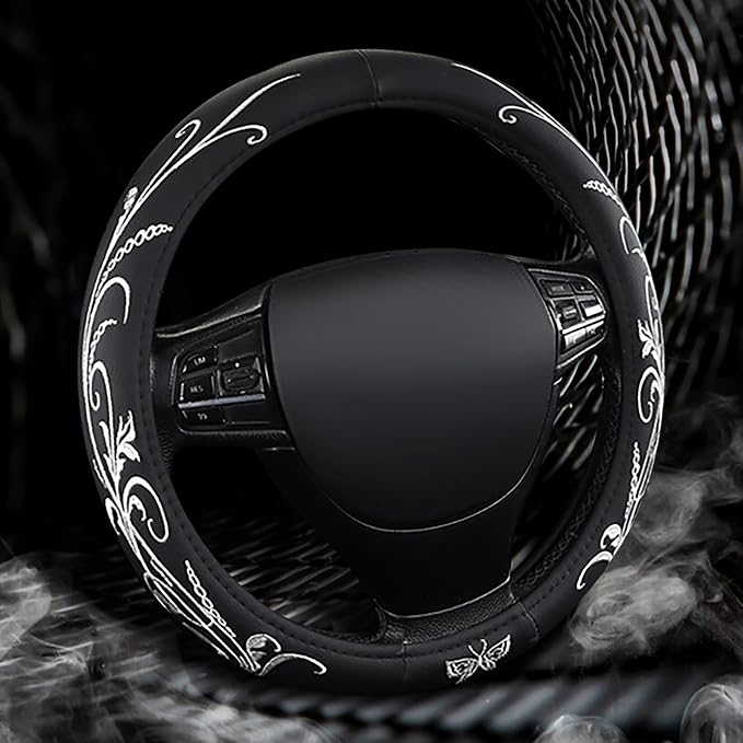 Car Leather Steering Wheel Cover - Panapi Material, Universal 14.5-15 Inch Leather Anti-Slip Breathable Auto Steering Wheel Covers for Men Women (Embroidery-White)
