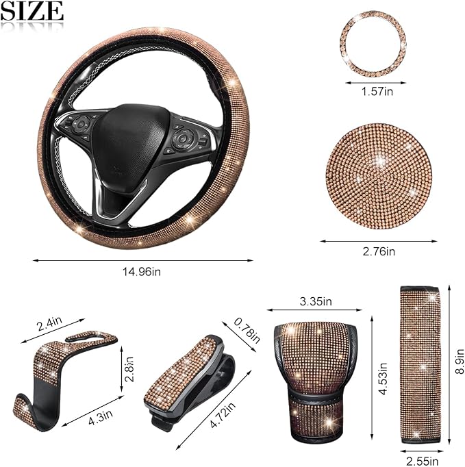 11PCS/Set Bling Car Accessories Set for Women, Rhinestone Vehicle Steering Wheel Cover Seat Belt Cushion Gear Shift Protector Cup Holder Coaster, Universal Automotive Accessories (Champange)