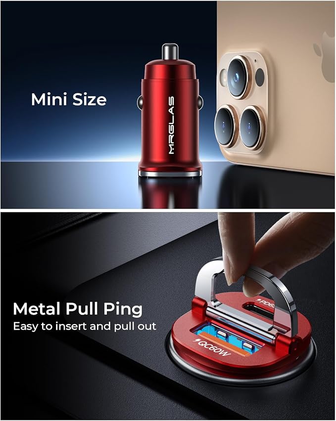 【Upgraded】 125W USB C Car Charger Super Fast Charging for iPhone 16, [PD65W & QC60W][All Metal] Cigarette Lighter Car Charger,Dual Port for iPhone 16 15 Pro iPad Samsung S25 S24 MacBook-Red