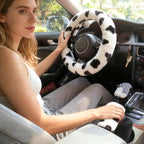 Fluffy Steering Wheel Cover 3PCS Set – Plush Fuzzy Fur Steering Wheel Cover with Gear Shift Cover & Handbrake Cover, Winter Warm Car Accessories, Car Interior Accessories for Women (Cows)
