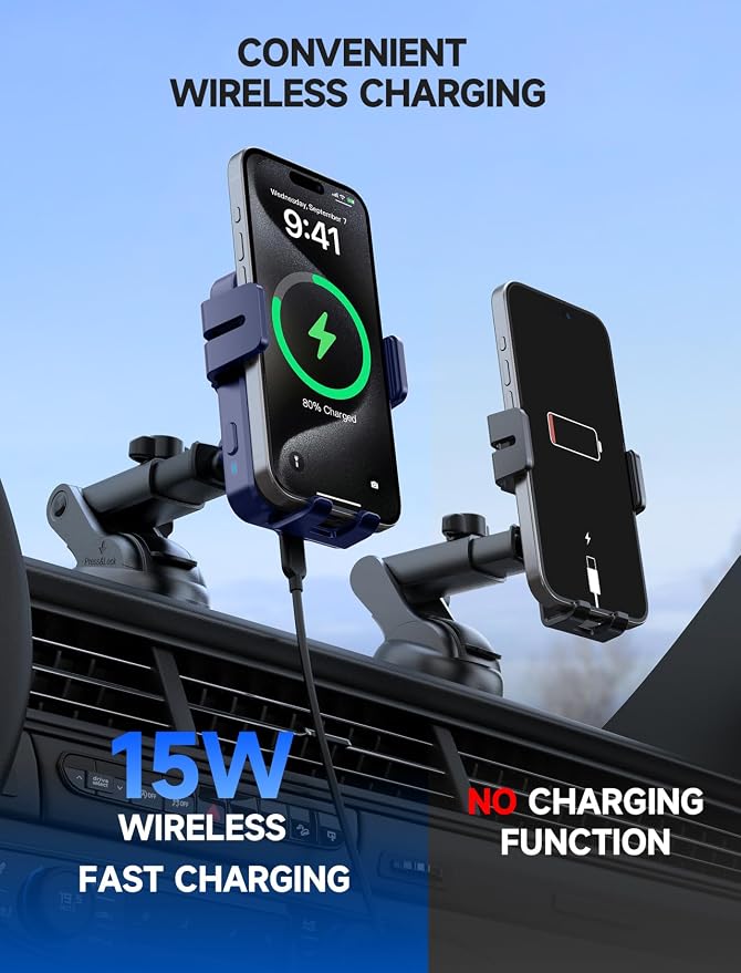 Wireless Car Charger, 15W Auto Clamping Car Charger Dash Windshield Air Vent Phone Holder Compatible with iPhone 16 15 14/13/13 Pro/12 pro/12/11/X/8, Samsung S24/S23/S22