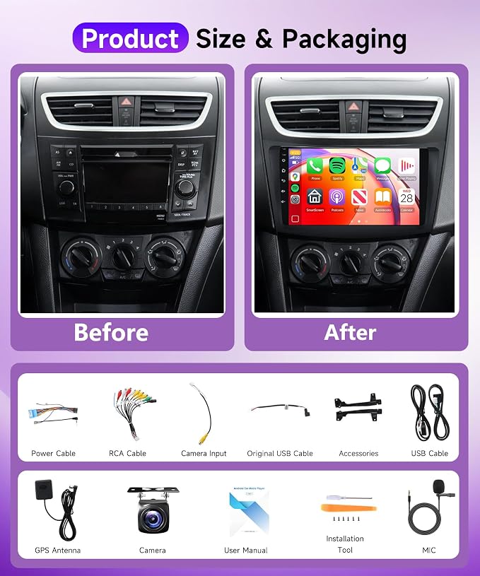 4G+64G Car Radio for Suzuki Swift 2011-2017, Android Car Stereo Carplay Android Auto EQ 9 Inch Touchscreen Bluetooth FM RDS GPS WiFi Mirror Link Backup Camera