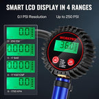 12PCS Digital Tire Pressure Gauge with Inflator, 250 PSI, Heavy Duty Air Compressor Attachments with Storage Bag, Tire Gauge with Brass Air Chuck and Rubber Hose for Vehicles and Inflatables