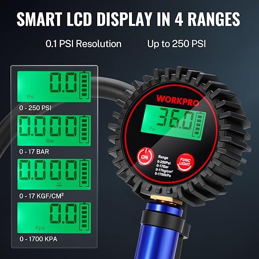 12PCS Digital Tire Pressure Gauge with Inflator, 250 PSI, Heavy Duty Air Compressor Attachments with Storage Bag, Tire Gauge with Brass Air Chuck and Rubber Hose for Vehicles and Inflatables