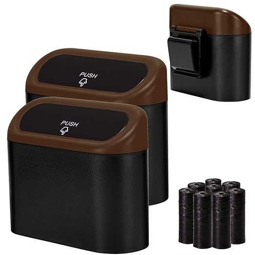 2 Pack Mini Car Trash Can with Lid, Small Car Garbage Can, Cute Leakproof ABS Car Trash Bin, Car Accessories for Interior, Garbage Bin for Car, Home, Office with 120pcs Trash Bags Black/Brown